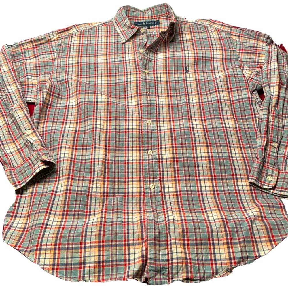 Ralph Lauren Plaid BLAKE Shirt Blue Red White Button Cotton Long Sleeves mens Lg